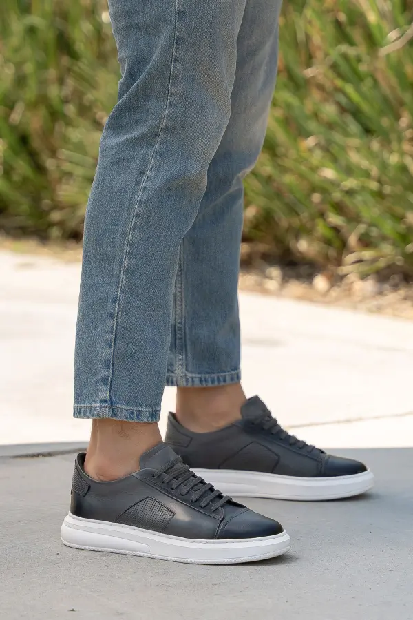 Erkek Kalın Beyaz Tabanlı Hakiki Deri Sneaker